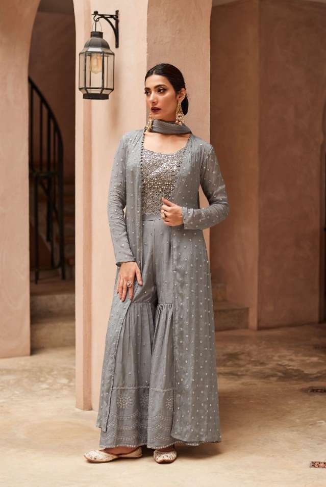 DESIGNER FANCY PARTY WEAR LONG GREY ANARKALI SALWAR SUIT IN GEORGETTE RH AF ZARA 9440