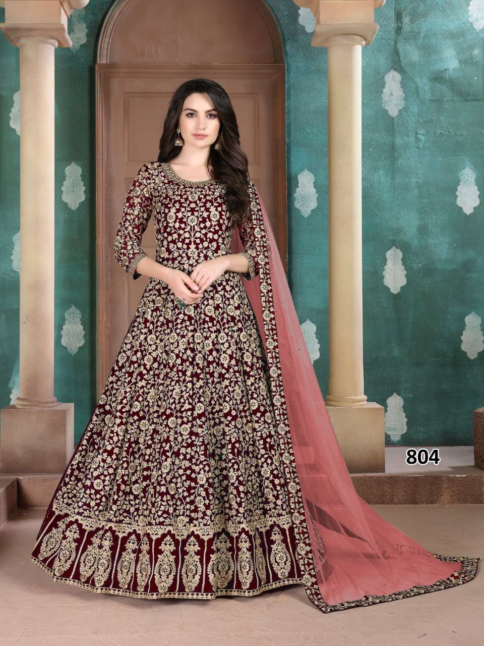 DESIGNER FANCY PARTY WEAR LONG MAROON ANARKALI GEORGETTE SALWAR SUIT AANAYA 804