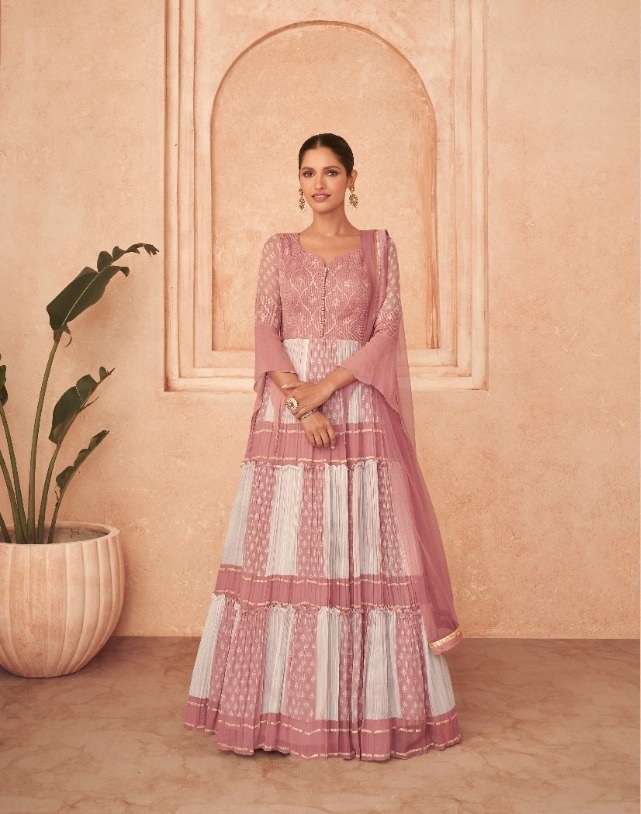 DESIGNER FANCY PARTY WEAR LONG PINK ANARKALI SALWAR SUIT GOWN IN REAL GEORGETTE SAYURI FLORAL 5233