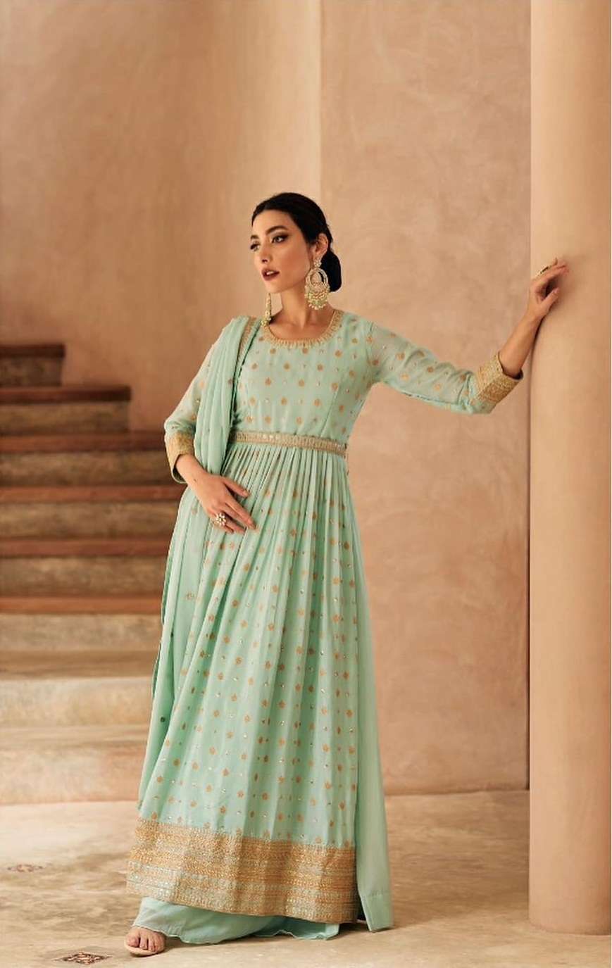 DESIGNER FANCY PARTY WEAR LONG PISTA ANARKALI SALWAR SUIT IN GEORGETTE RH AF ZARA 9439