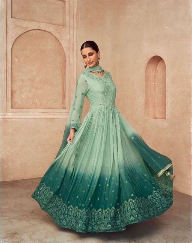 DESIGNER FANCY PARTY WEAR LONG PISTA ANARKALI SALWAR SUIT GOWN IN GEORGETTE SAYURI THREADS 5226