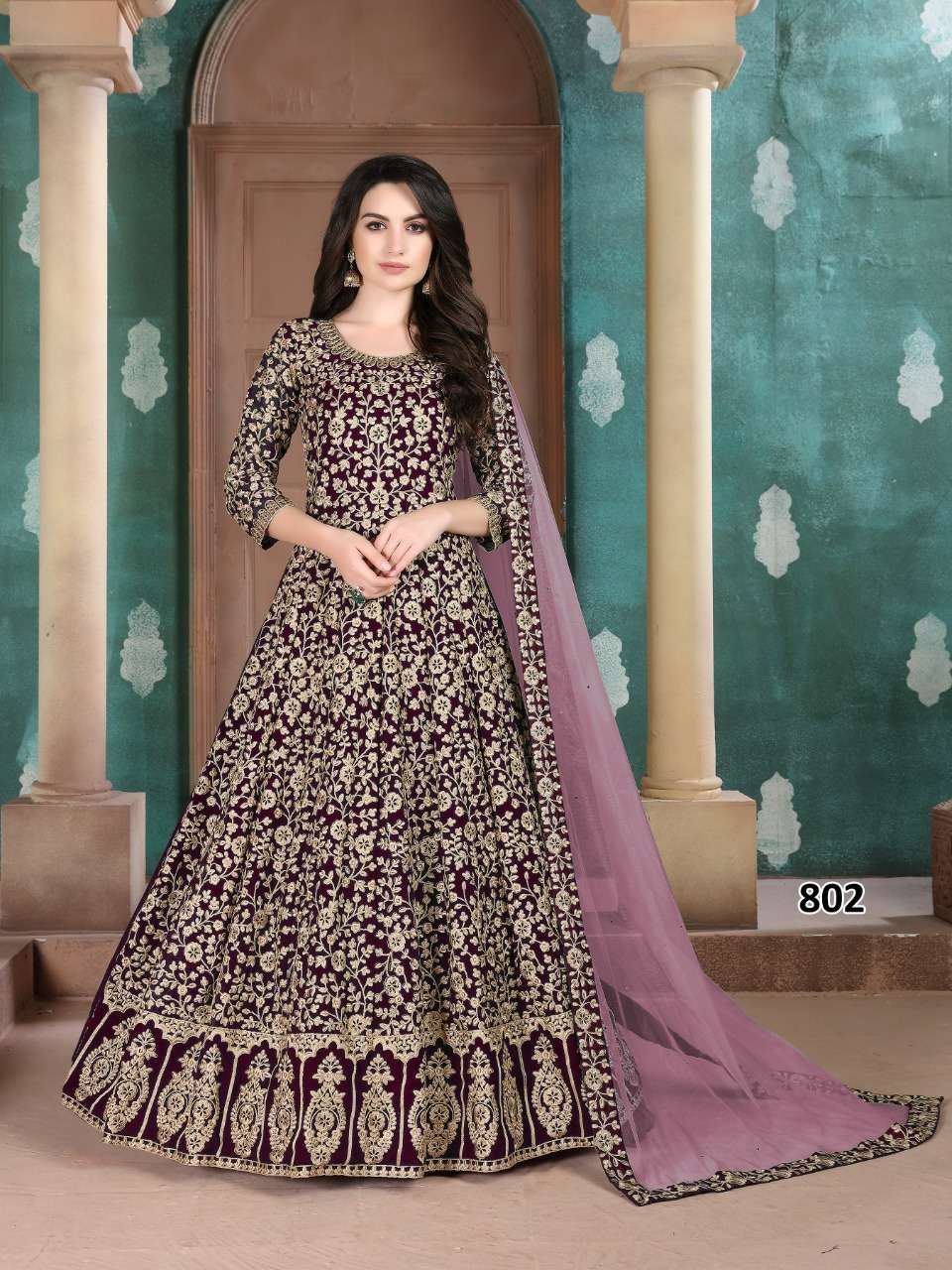 DESIGNER FANCY PARTY WEAR LONG PURPLE ANARKALI GEORGETTE SALWAR SUIT AANAYA 802