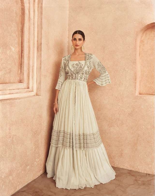 DESIGNER FANCY PARTY WEAR LONG WHITE ANARKALI SALWAR SUIT GOWN IN GEORGETTE SAYURI THREADS 5227