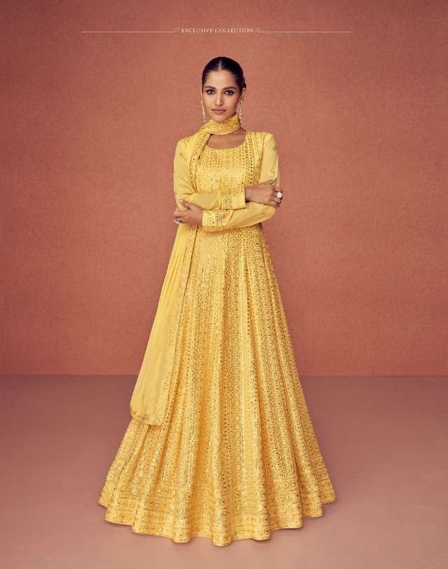 DESIGNER FANCY PARTY WEAR LONG YELLOW ANARKALI SALWAR SUIT IN GEORGETTE RH AF 9364A