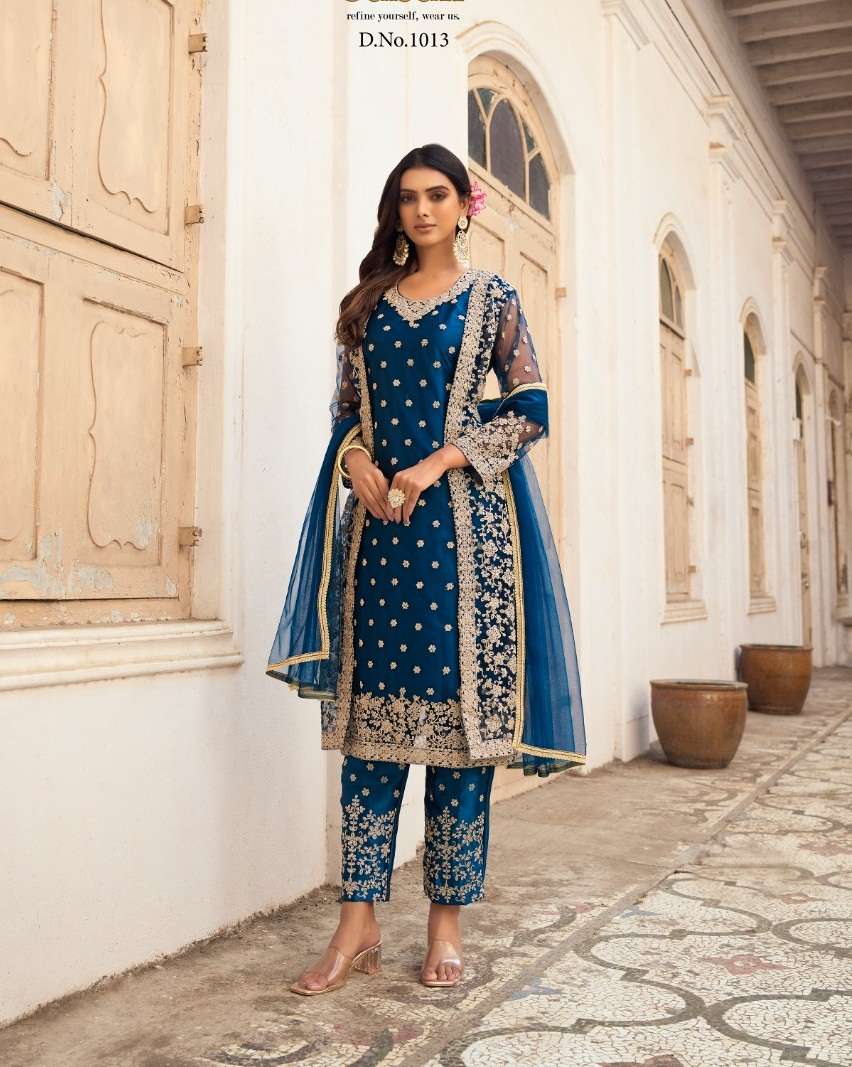 DESIGNER FANCY WEDDING PARTY FESTIVAL WEAR BLUE BUTTERFLY NET SALWAR SUIT SABAH SM 1013