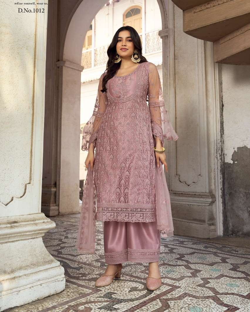 DESIGNER FANCY WEDDING PARTY FESTIVAL WEAR PINK BUTTERFLY NET SALWAR SUIT SABAH SM 1012