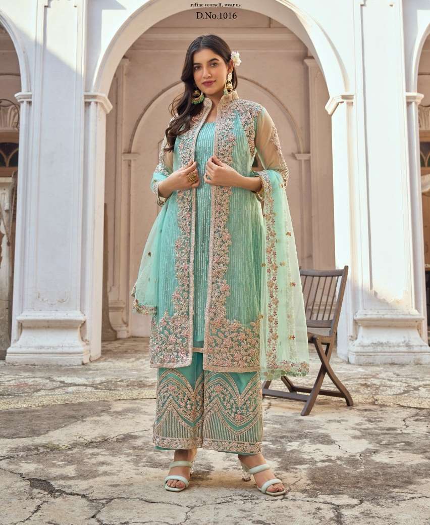 DESIGNER FANCY WEDDING PARTY FESTIVAL WEAR PISTA GREEN BUTTERFLY NET SALWAR SUIT SABAH SM 1016