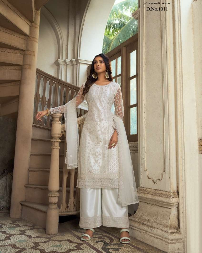 DESIGNER FANCY WEDDING PARTY FESTIVAL WEAR WHITE BUTTERFLY NET SALWAR SUIT SABAH SM 1011