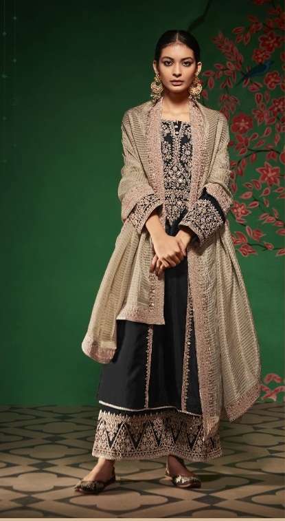 DESIGNER FANCY WEDDING PARTY WEAR BLACK SILK SHARARA SALWAR SUIT SM KIMORA RABANI 2077