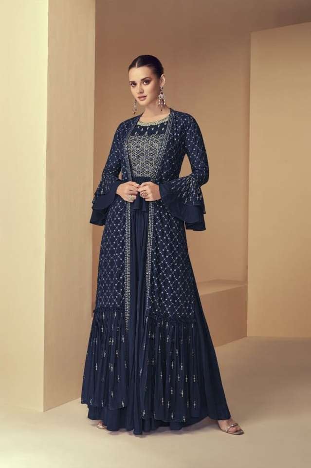 DESIGNER FANCY WEDDING PARTY WEAR BLUE GEORGETTE SHARARA SALWAR SUIT KTH 7152C