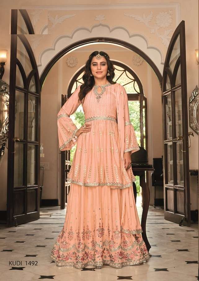 DESIGNER FANCY WEDDING PARTY WEAR CHINON ORANGE SHARARA SALWAR SUIT EBA KUDI 1492