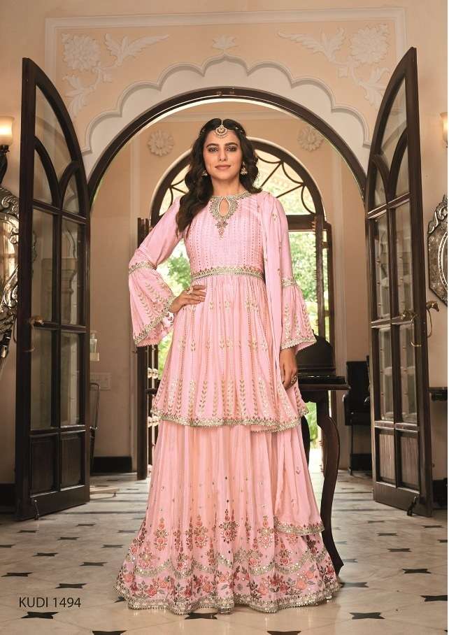 DESIGNER FANCY WEDDING PARTY WEAR CHINON PINK SHARARA SALWAR SUIT EBA KUDI 1494