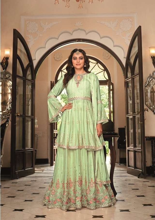 DESIGNER FANCY WEDDING PARTY WEAR CHINON PISTA SHARARA SALWAR SUIT EBA KUDI 1493