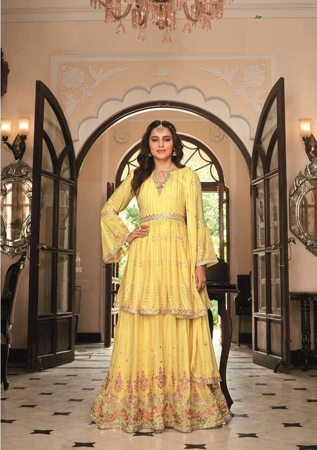 DESIGNER FANCY WEDDING PARTY WEAR CHINON YELLOW SHARARA SALWAR SUIT EBA KUDI 1491