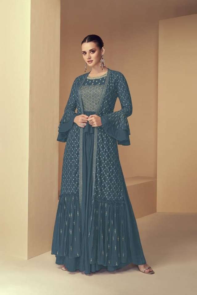 DESIGNER FANCY WEDDING PARTY WEAR GREY GEORGETTE SHARARA SALWAR SUIT KTH 7152D