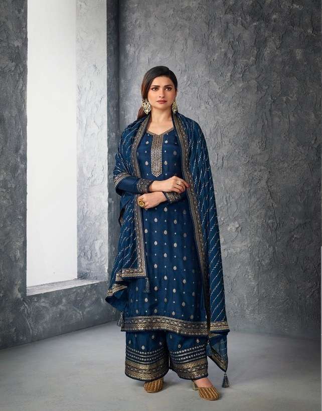 DESIGNER FANCY WEDDING PARTY WEAR JACQUARD BLUE SHARARA SALWAR SUIT RH KASHEESH 61806