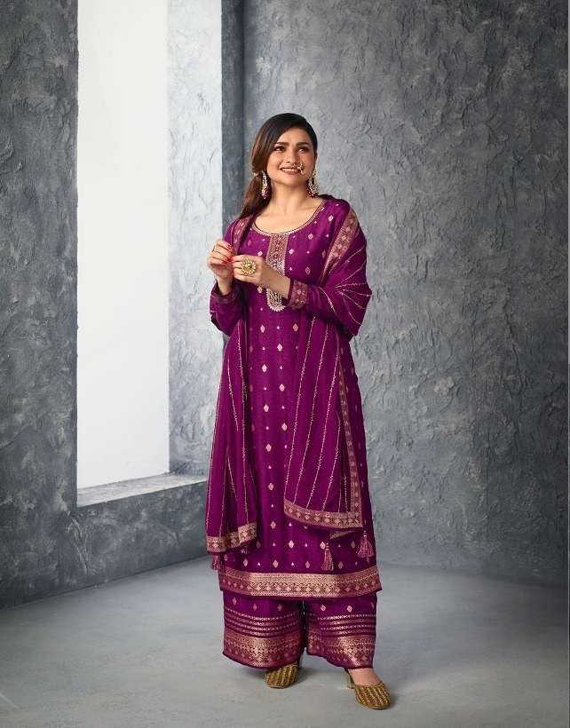 DESIGNER FANCY WEDDING PARTY WEAR JACQUARD PURPLE SHARARA SALWAR SUIT RH KASHEESH 61803