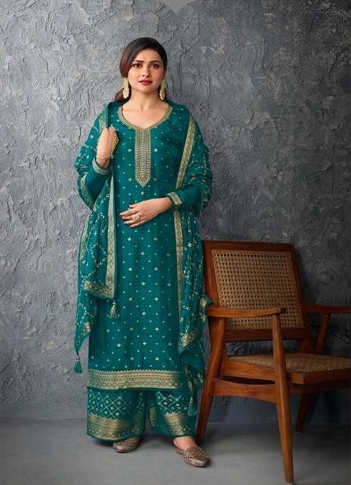 DESIGNER FANCY WEDDING PARTY WEAR JACQUARD RAMA SHARARA SALWAR SUIT RH KASHEESH 61802