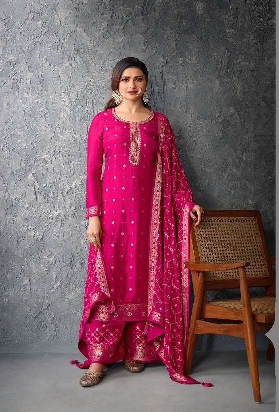 DESIGNER FANCY WEDDING PARTY WEAR JACQUARD RANI PINK SHARARA SALWAR SUIT RH KASHEESH 61807