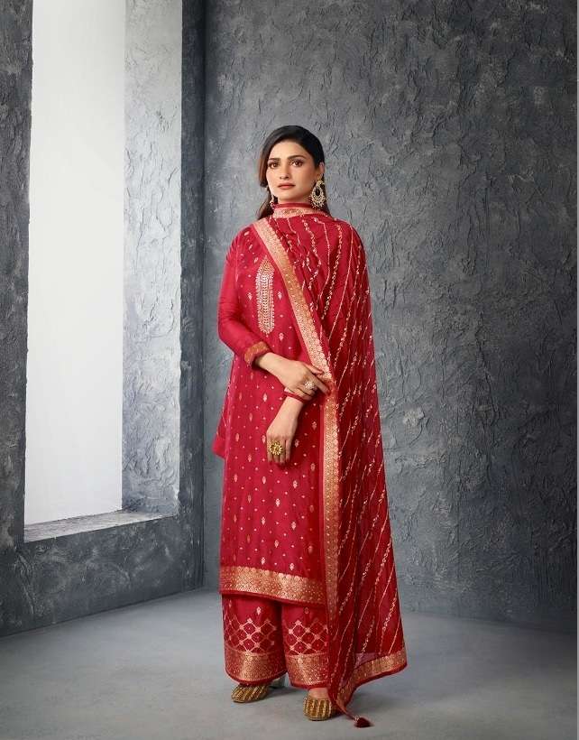 DESIGNER FANCY WEDDING PARTY WEAR JACQUARD RED SHARARA SALWAR SUIT RH KASHEESH 61801