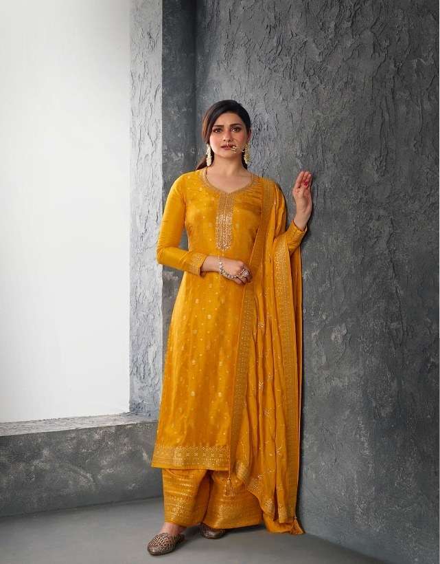 DESIGNER FANCY WEDDING PARTY WEAR JACQUARD YELLOW SHARARA SALWAR SUIT RH KASHEESH 61804