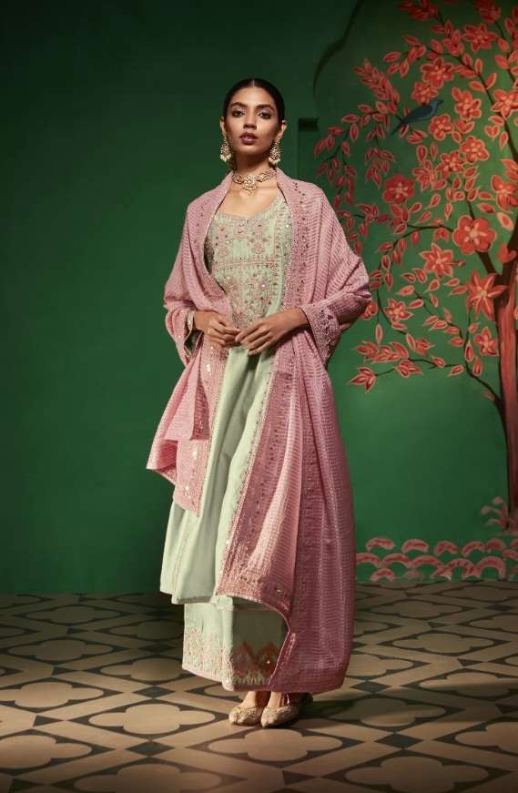 DESIGNER FANCY WEDDING PARTY WEAR PISTA SILK SHARARA SALWAR SUIT SM KIMORA RABANI 2071