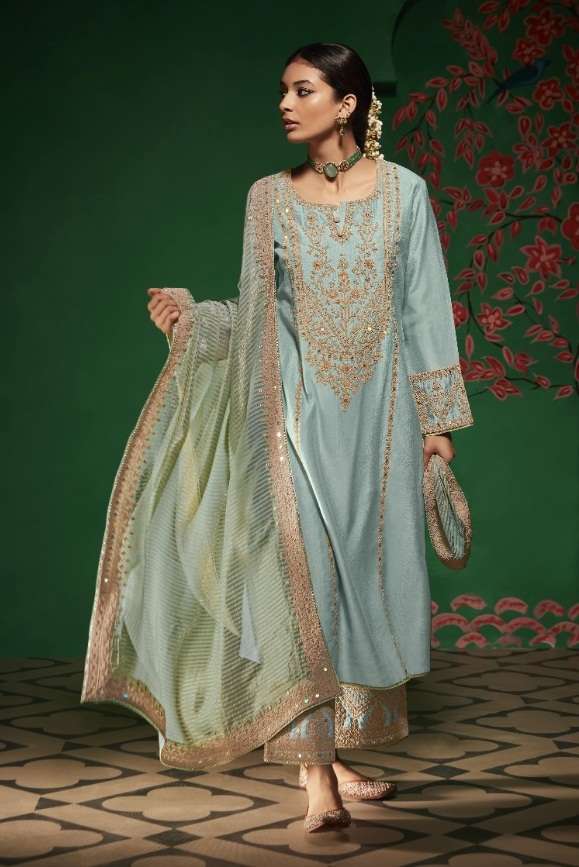 DESIGNER FANCY WEDDING PARTY WEAR SKY COLOR SILK SHARARA SALWAR SUIT SM KIMORA RABANI 2074