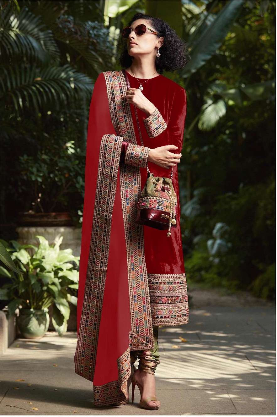 DESIGNER FANCY WEDDING PARTY WEAR VELVET RED PAKISTANI SALWAR SUIT KB 1065B