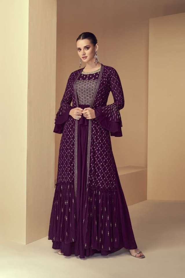 DESIGNER FANCY WEDDING PARTY WEAR WINEGEORGETTE SHARARA SALWAR SUIT KTH 7152A