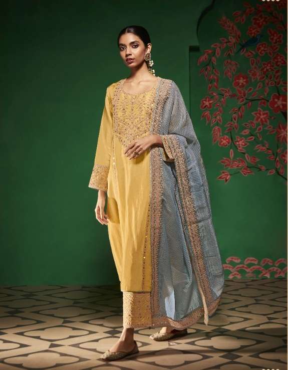 DESIGNER FANCY WEDDING PARTY WEAR YELLOW SILK SHARARA SALWAR SUIT SM KIMORA RABANI 2075