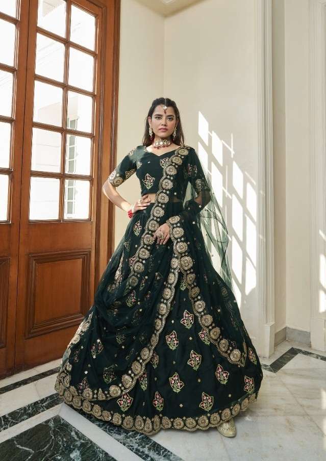 DESIGNER TRENDY STYLISH FANCY GREEN WEDDING PARTY WEAR LEHENGA CHOLI IN ORGANZA FABRIC AAHVAN VIRASAT 2401