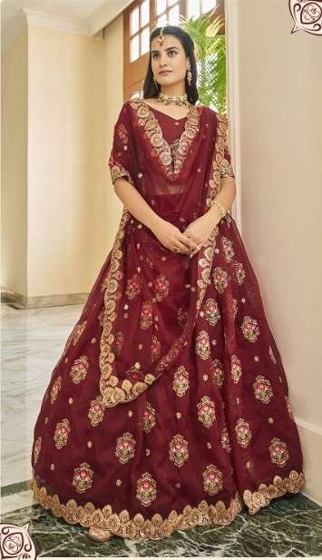 DESIGNER TRENDY STYLISH FANCY MAROON WEDDING PARTY WEAR LEHENGA CHOLI IN ORGANZA FABRIC AAHVAN VIRASAT 2405