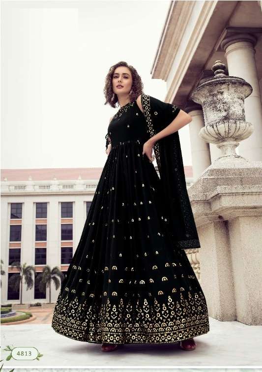 DESIGNER UNIQUE WEDDING PARTY WEAR BLACK ANARKALI GOWN IN GEORGETTE FABRIC KF FLORY 4813