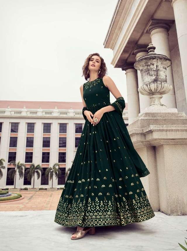 DESIGNER UNIQUE WEDDING PARTY WEAR GREEN ANARKALI GOWN IN GEORGETTE FABRIC KF FLORY 4811