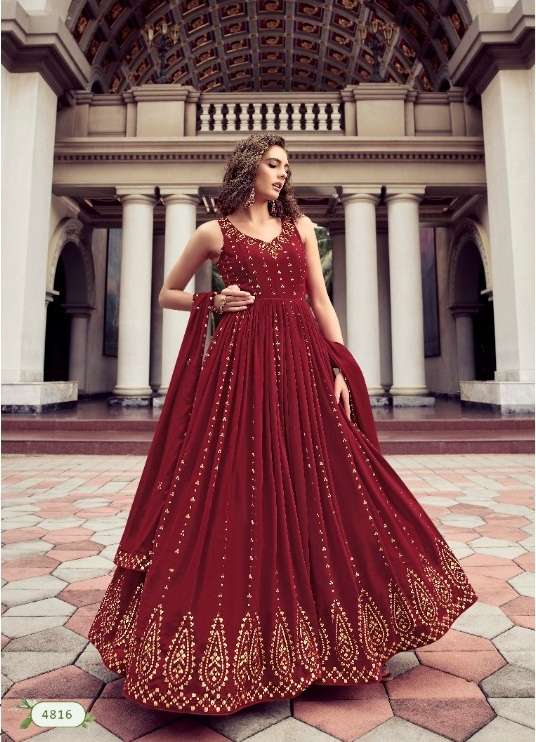 DESIGNER UNIQUE WEDDING PARTY WEAR MAROON ANARKALI GOWN IN GEORGETTE FABRIC KF FLORY 4816