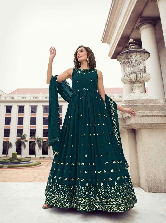 DESIGNER UNIQUE WEDDING PARTY WEAR RAMA ANARKALI GOWN IN GEORGETTE FABRIC KF FLORY 4812