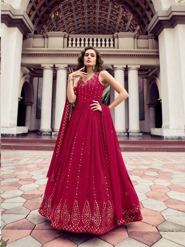 DESIGNER UNIQUE WEDDING PARTY WEAR RANI ANARKALI GOWN IN GEORGETTE FABRIC KF FLORY 4814