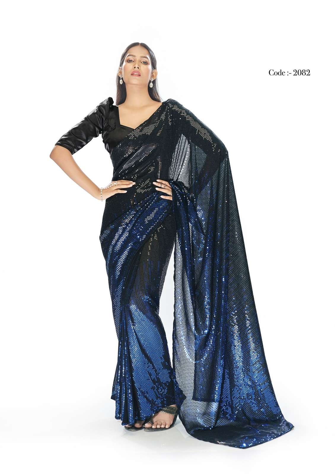 DESIGNER WEDDING PARTY FUNCTION WEAR BLUE BLACK SEQUENCE GEORGETTE SAREE EXCLUSIVE COLLECTION SENHORA FANTASY 2082