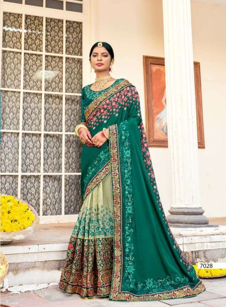 DESIGNER WEDDING PARTY FUNCTION WEAR FANCY GREEN SILK SAREE EXCLUSIVE COLLECTION KALISTA KHWAAB 7028