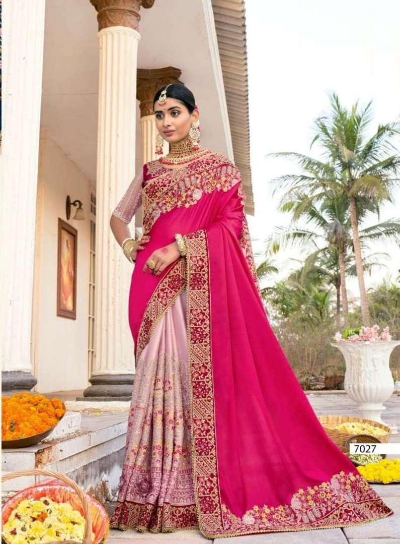 DESIGNER WEDDING PARTY FUNCTION WEAR FANCY PINK SILK SAREE EXCLUSIVE COLLECTION KALISTA KHWAAB 7027