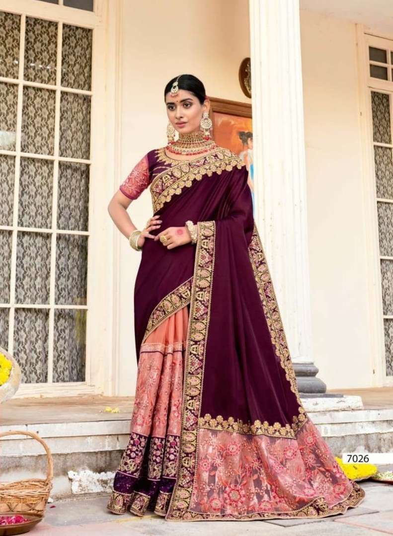 DESIGNER WEDDING PARTY FUNCTION WEAR FANCY PURPLE SILK SAREE EXCLUSIVE COLLECTION KALISTA KHWAAB 7026