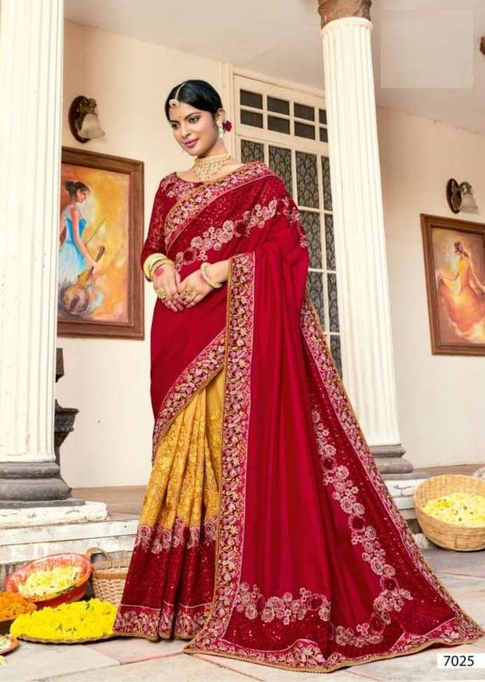 DESIGNER WEDDING PARTY FUNCTION WEAR FANCY RED SILK SAREE EXCLUSIVE COLLECTION KALISTA KHWAAB 7025