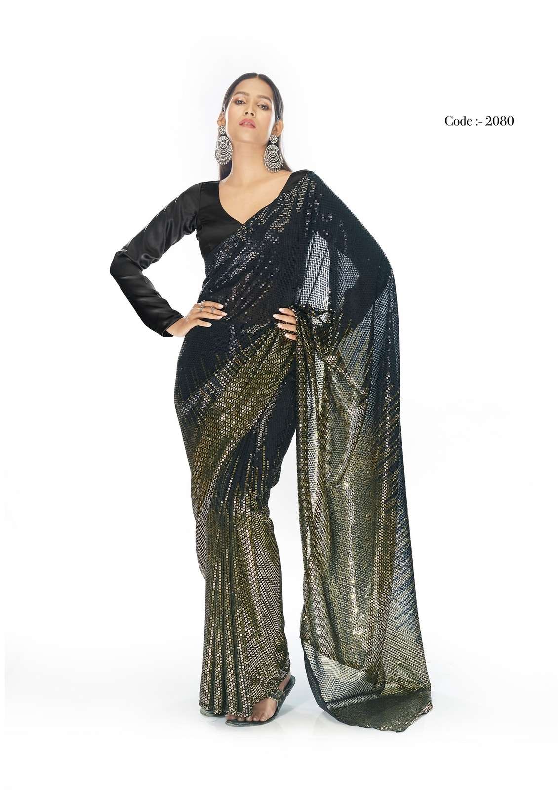 DESIGNER WEDDING PARTY FUNCTION WEAR YELLOW BLACK SEQUENCE GEORGETTE SAREE EXCLUSIVE COLLECTION SENHORA FANTASY 2080