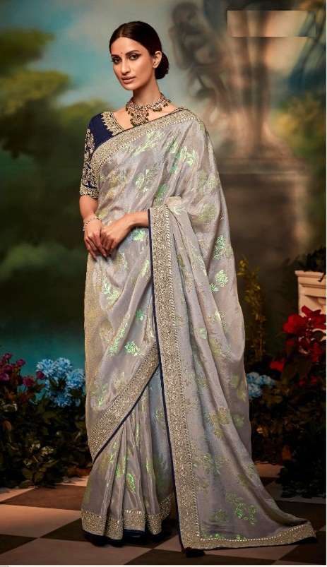 DESIGNER WEDDING PARTY WEAR FANCY GREY SILK SAREE COLLECTION SM KIMORA KAJAL 5243