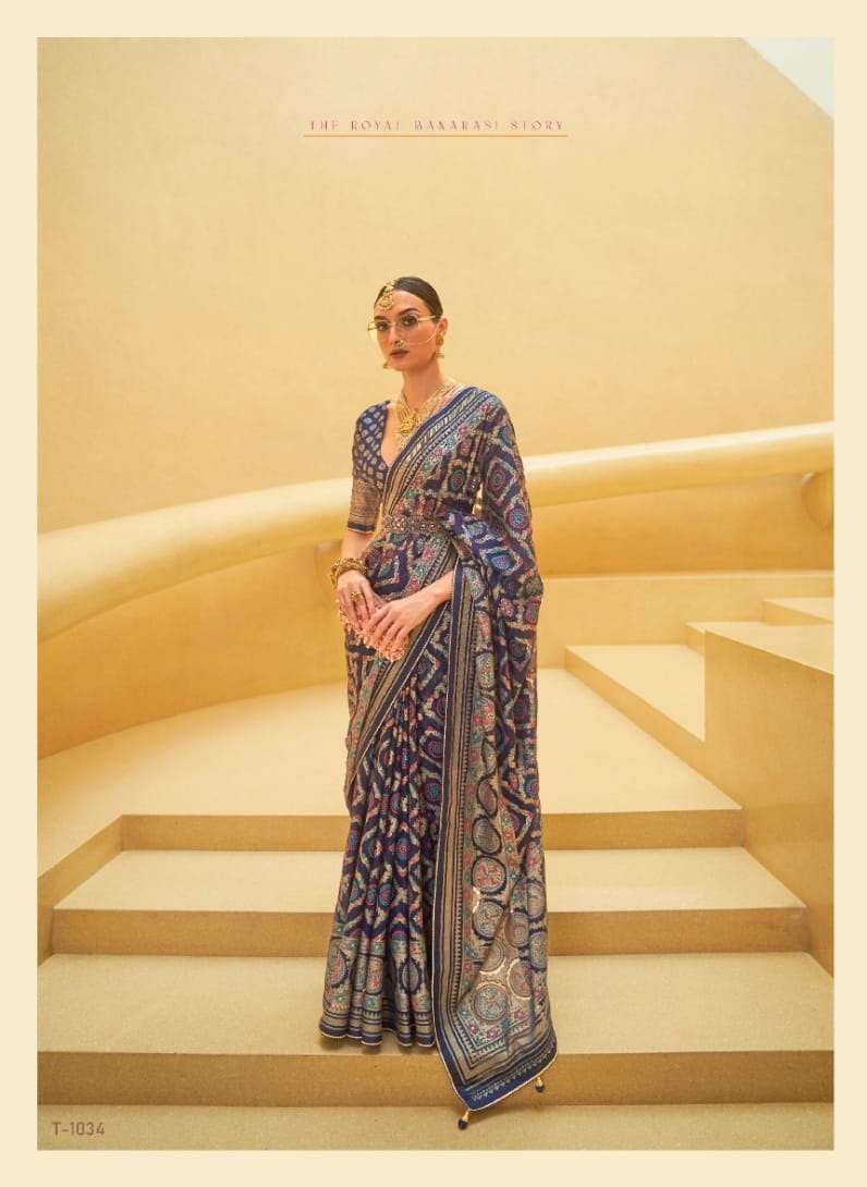 DESIGNER WEDDING PARTY WEAR FANCY ORGANZA BLUE SILK SAREE COLLECTION SM RATH RAJKANYA 1034