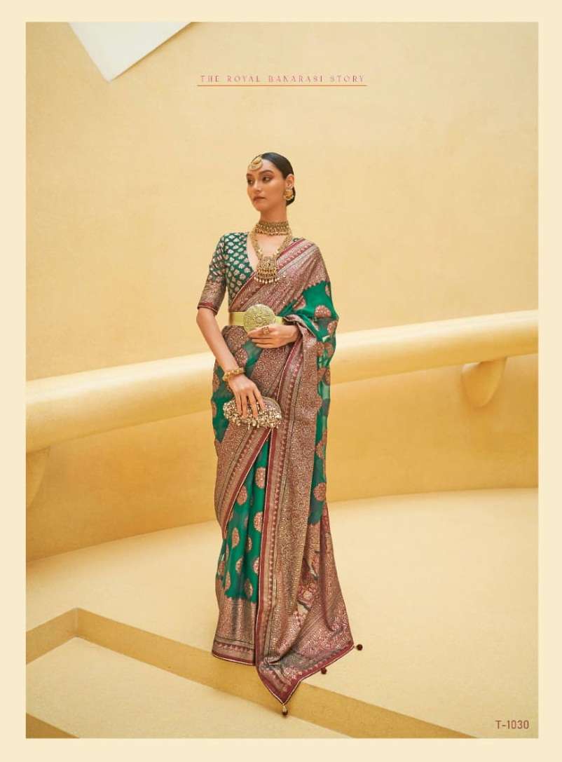 DESIGNER WEDDING PARTY WEAR FANCY ORGANZA GREEN SILK SAREE COLLECTION SM RATH RAJKANYA 1030