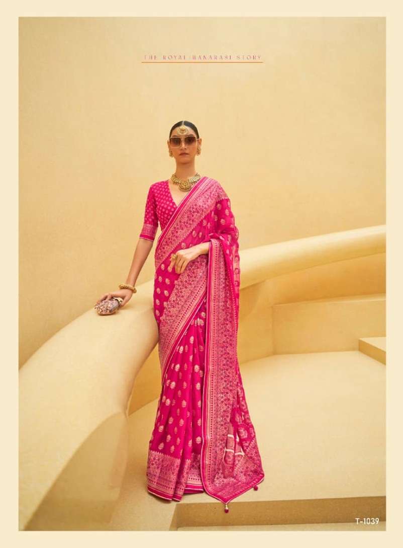 DESIGNER WEDDING PARTY WEAR FANCY ORGANZA PINK SILK SAREE COLLECTION SM RATH RAJKANYA 1039