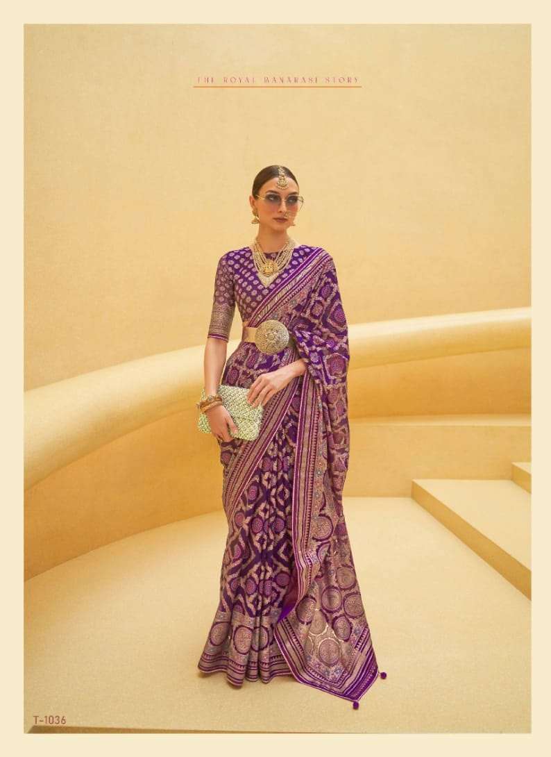 DESIGNER WEDDING PARTY WEAR FANCY ORGANZA PURPLE SILK SAREE COLLECTION SM RATH RAJKANYA 1036