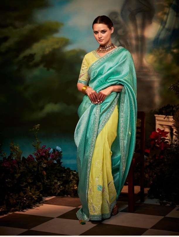 DESIGNER WEDDING PARTY WEAR FANCY YELLOW BLUE SILK SAREE COLLECTION SM KIMORA KAJAL 5248