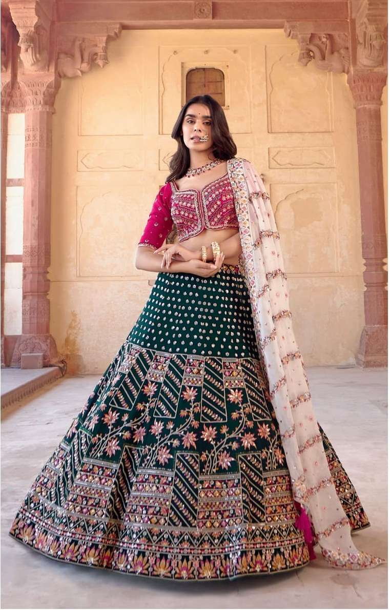 GREEN BEST DESIGNER BRIDAL WEDDING PARTY WEAR HEAVY PURE GEORGETTE LEHENGA CHOLI NAVKAR C12